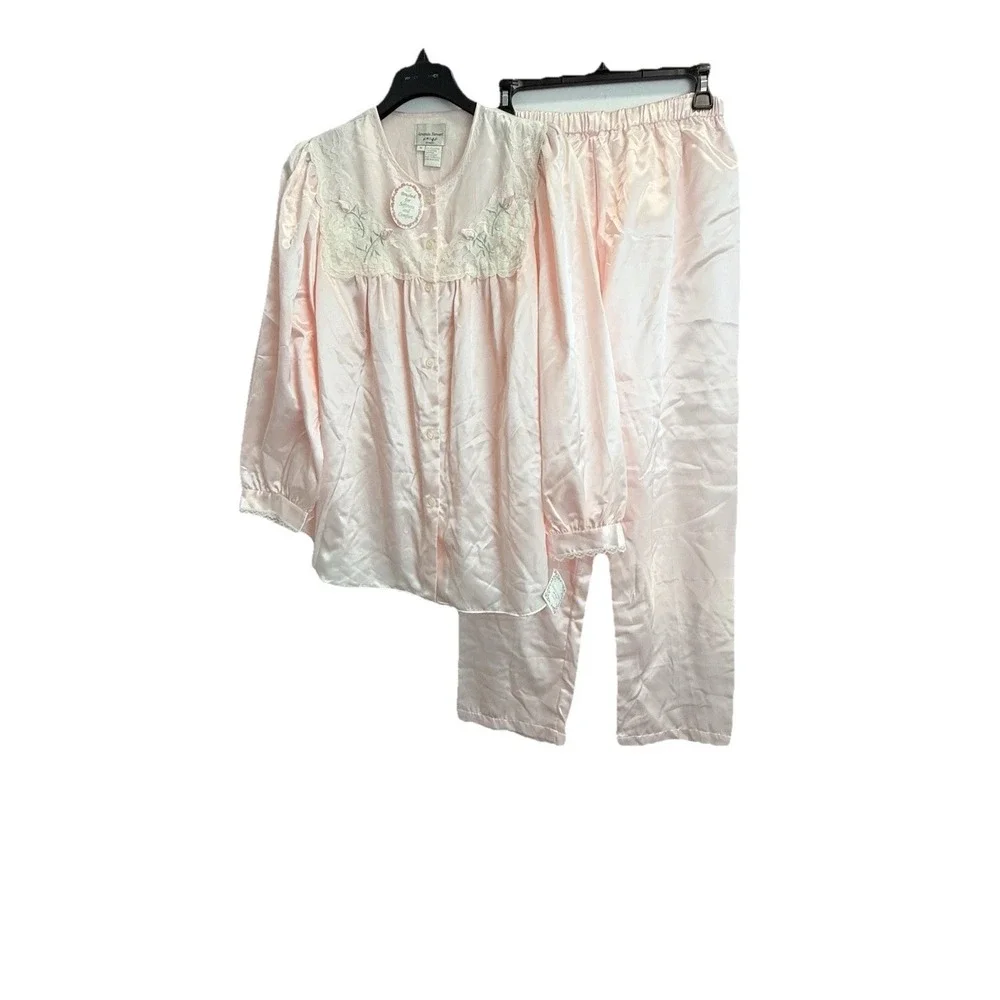 NEW Amanda Stewart Womens M Brushed Satin Pajama Set Floral Embroidery Lace Pink